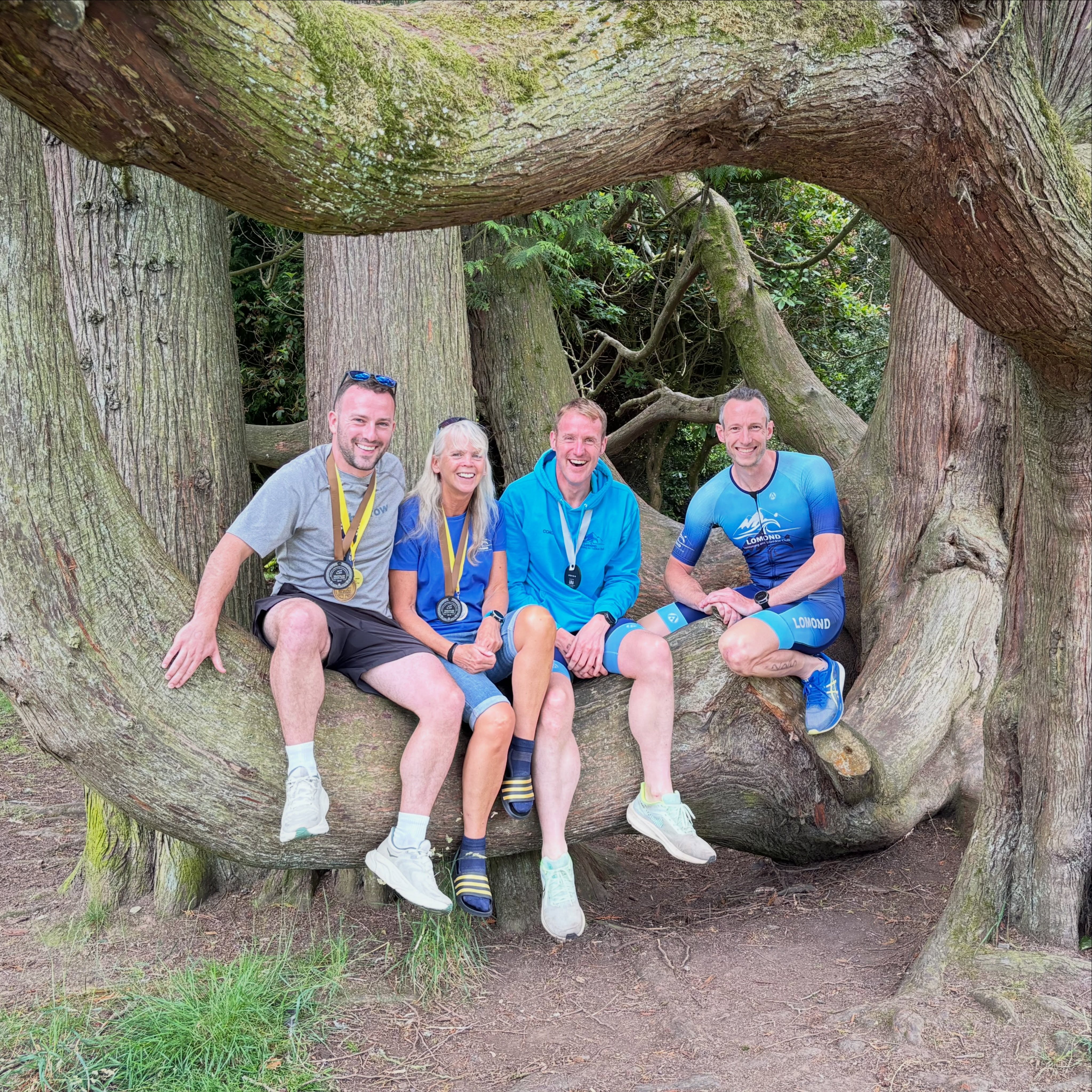 Four Lomond members sitting together in a large tree with their medals